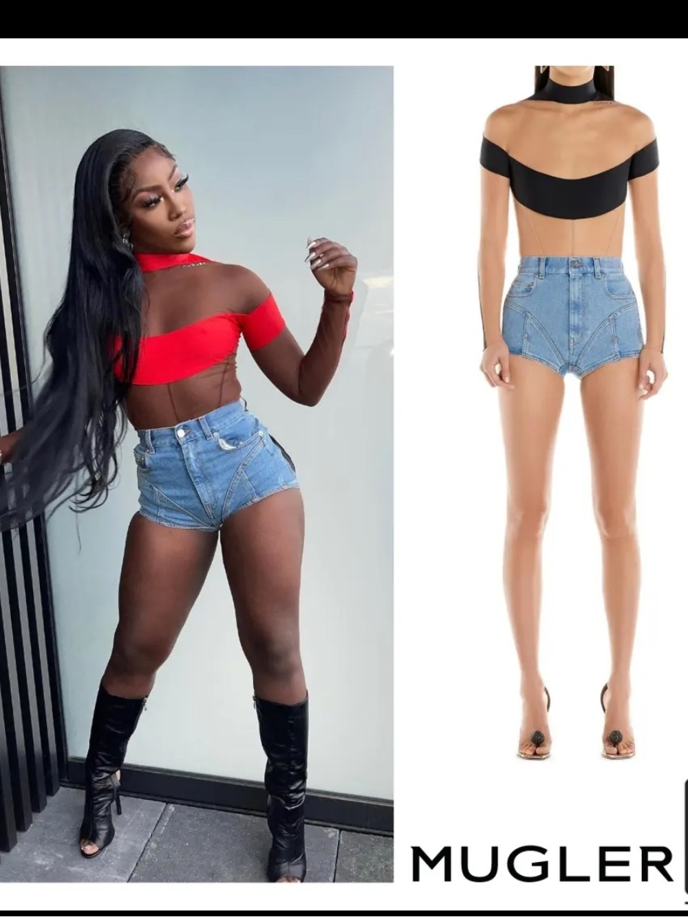 Mugler Spiral High Waisted Moto denim shorts size 46 Italian